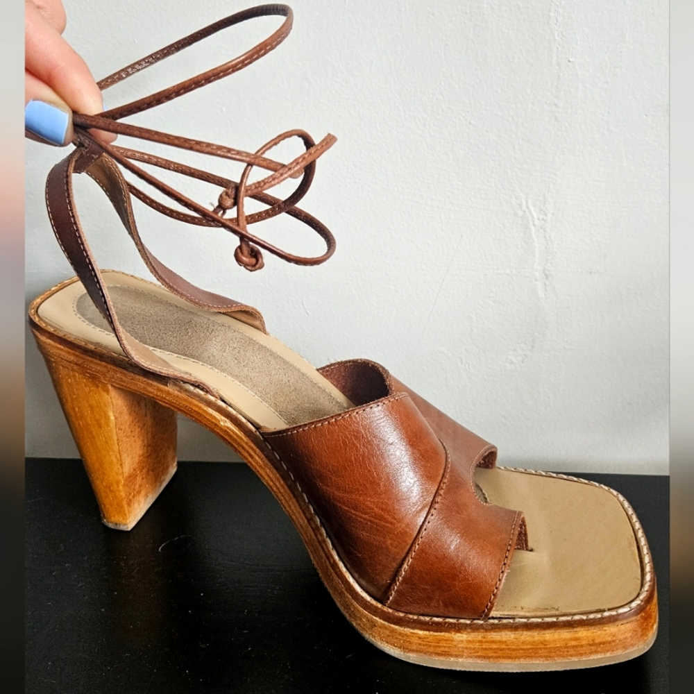 Brown Leather  Heel Sandals with Ankle Tie